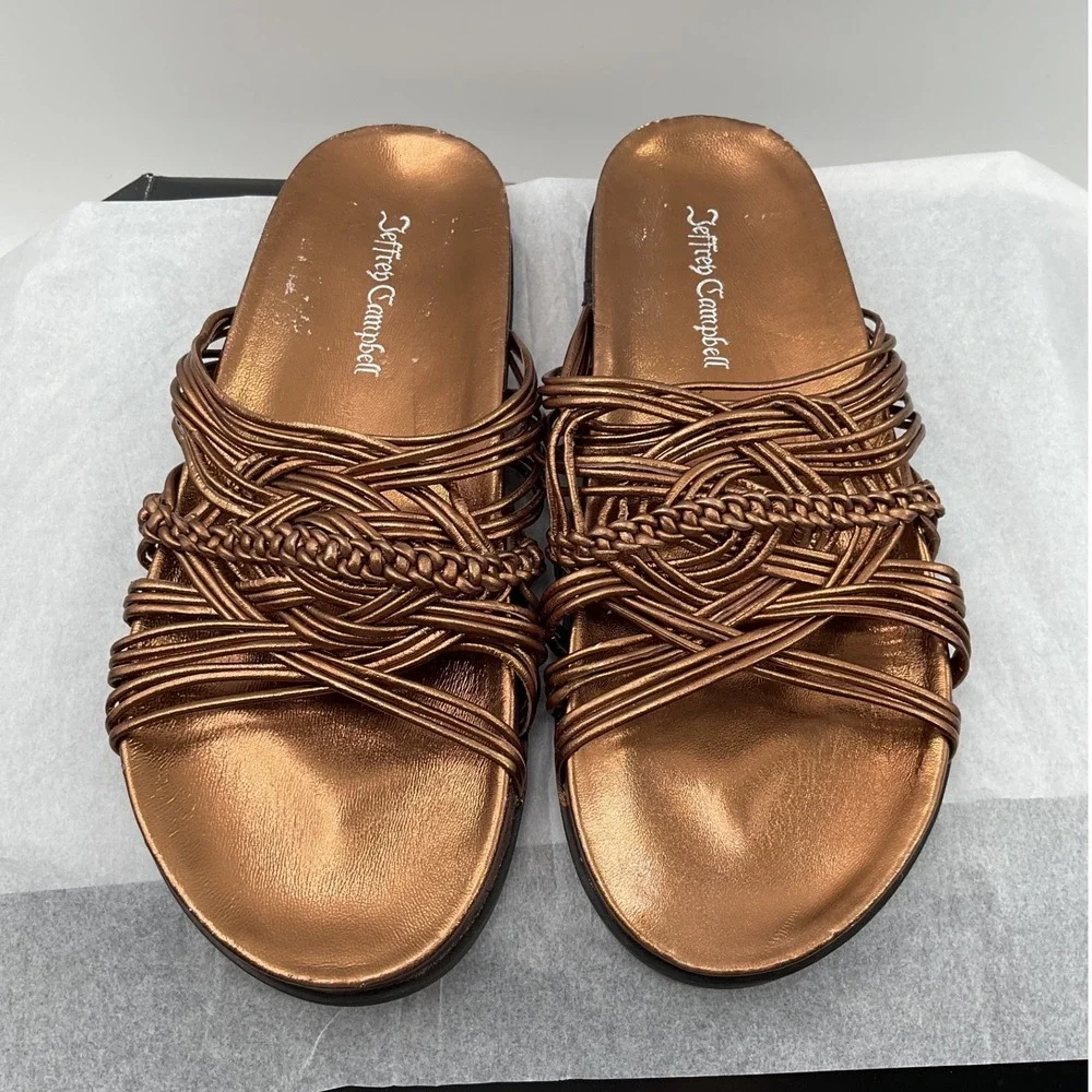 Jeffrey Campbell Womens Metallic Bronze Woven Multi Strap Slide Sandals Size 9